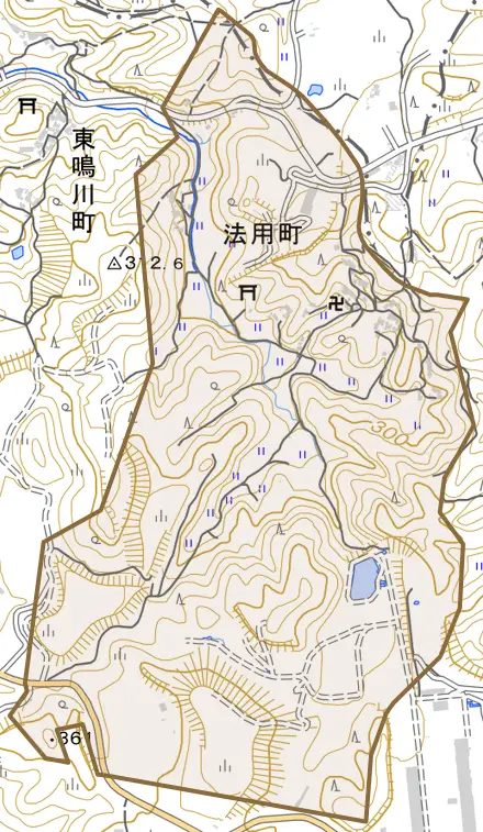 法用町とその周辺の地図。町の範囲を重ねている