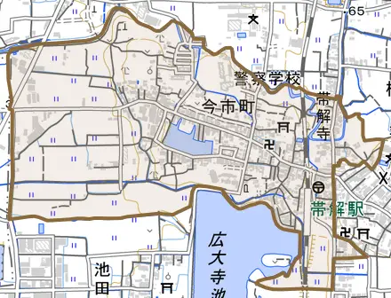 今市町とその周辺の地図。町の範囲を重ねている