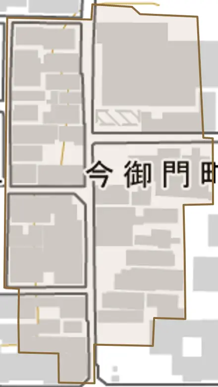 今御門町とその周辺の地図。町の範囲を重ねている