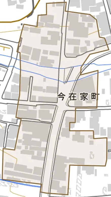 今在家町とその周辺の地図。町の範囲を重ねている