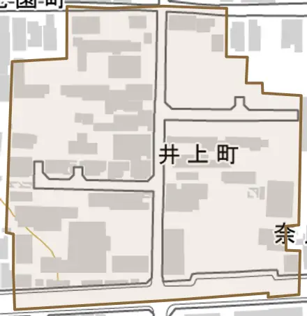 井上町とその周辺の地図。町の範囲を重ねている