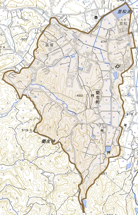 藺生町とその周辺の地図。町の範囲を重ねている