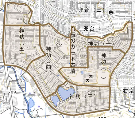 神功とその周辺の地図。町の範囲を重ねている