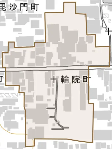 十輪院町とその周辺の地図。町の範囲を重ねている