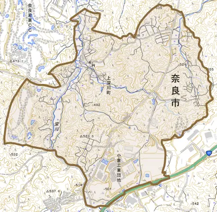 上深川町とその周辺の地図。町の範囲を重ねている