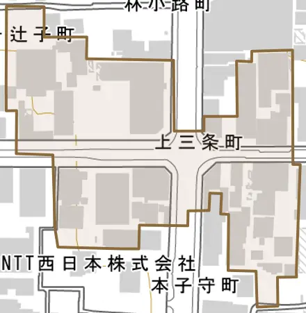上三条町とその周辺の地図。町の範囲を重ねている