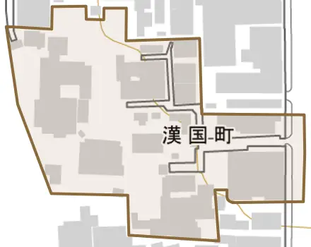 漢国町とその周辺の地図。町の範囲を重ねている