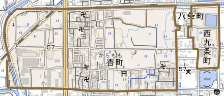 杏町とその周辺の地図。町の範囲を重ねている