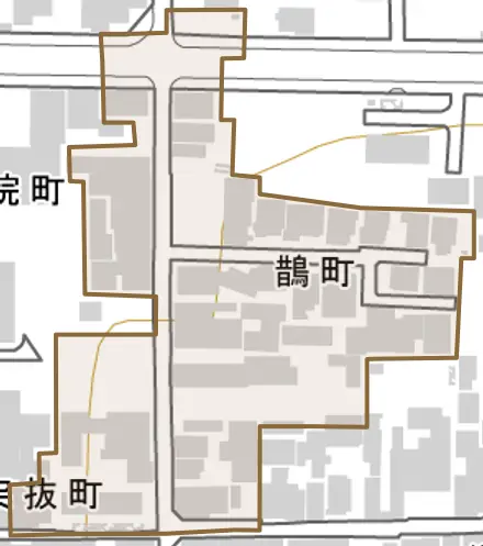鵲町とその周辺の地図。町の範囲を重ねている