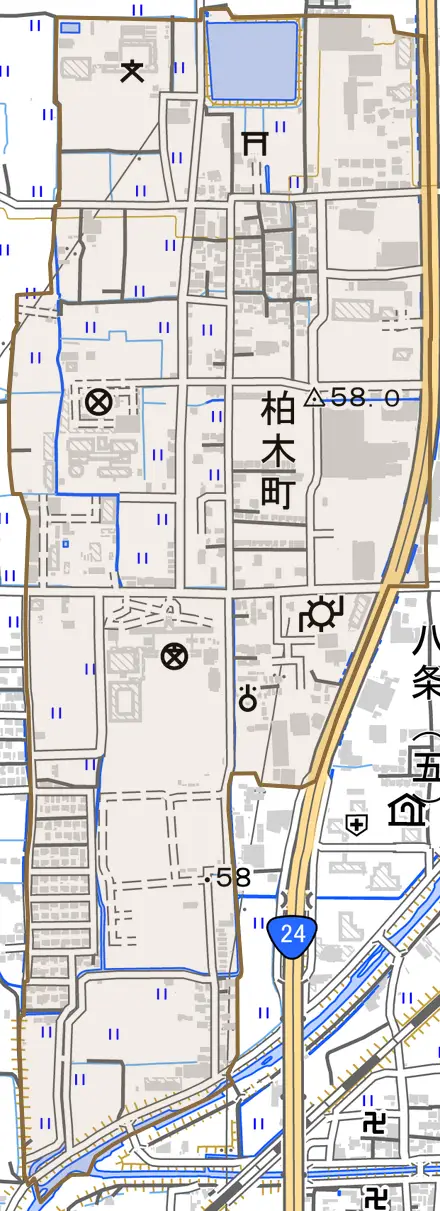 柏木町とその周辺の地図。町の範囲を重ねている