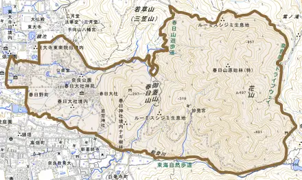 春日野町とその周辺の地図。町の範囲を重ねている