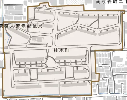桂木町とその周辺の地図。町の範囲を重ねている