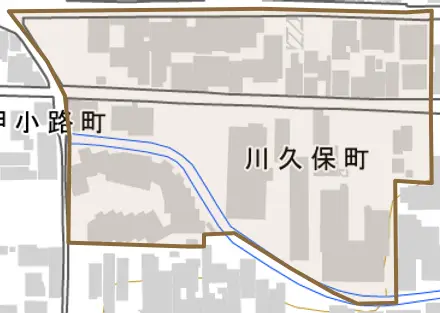 川久保町とその周辺の地図。町の範囲を重ねている