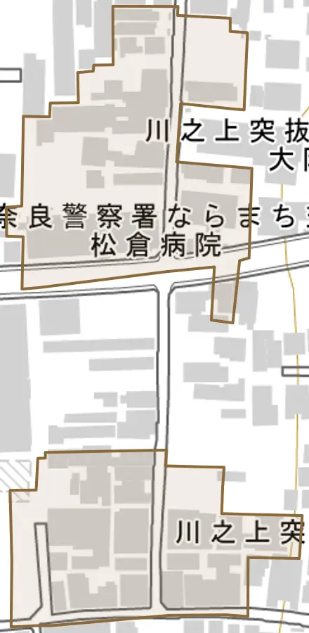 川之上突抜町とその周辺の地図。町の範囲を重ねている