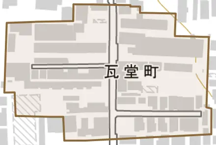 瓦堂町とその周辺の地図。町の範囲を重ねている