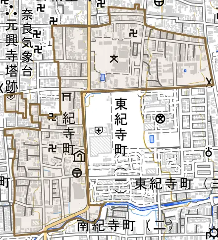 紀寺町とその周辺の地図。町の範囲を重ねている
