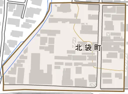 北袋町とその周辺の地図。町の範囲を重ねている