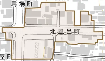 北風呂町とその周辺の地図。町の範囲を重ねている