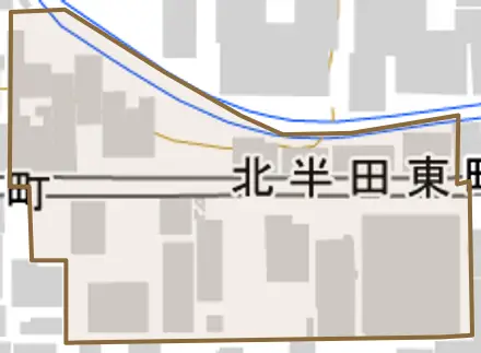 北半田東町とその周辺の地図。町の範囲を重ねている