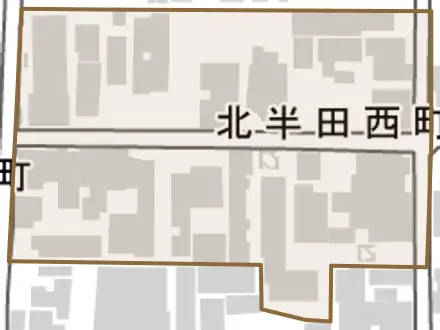 北半田西町とその周辺の地図。町の範囲を重ねている