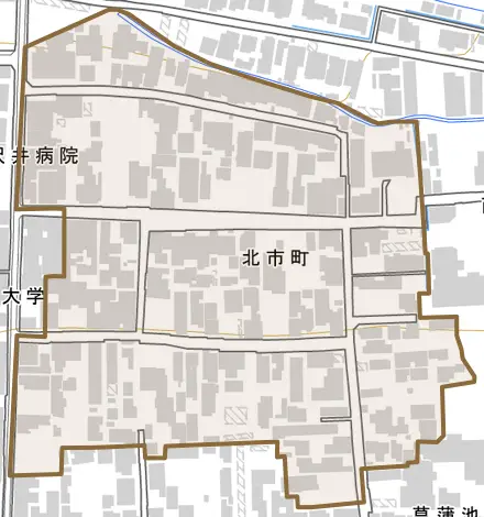 北市町とその周辺の地図。町の範囲を重ねている