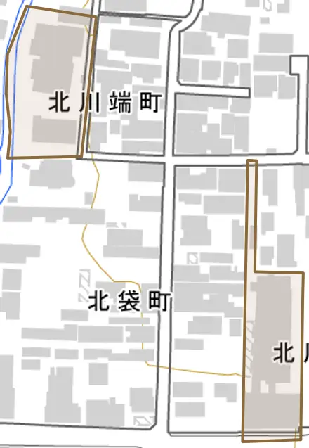 北川端町とその周辺の地図。町の範囲を重ねている