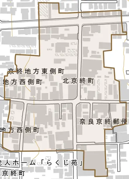 北京終町とその周辺の地図。町の範囲を重ねている