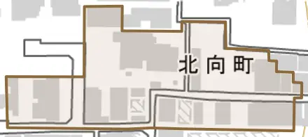 北向町とその周辺の地図。町の範囲を重ねている