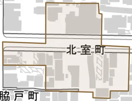 北室町とその周辺の地図。町の範囲を重ねている