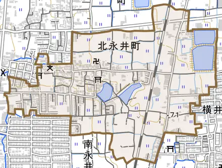 北永井町とその周辺の地図。町の範囲を重ねている
