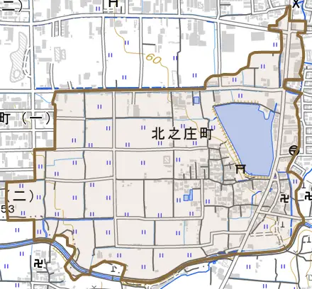 北之庄町とその周辺の地図。町の範囲を重ねている