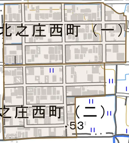 北之庄西町とその周辺の地図。町の範囲を重ねている