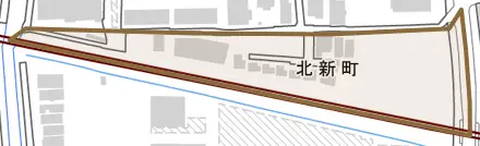 北新町とその周辺の地図。町の範囲を重ねている