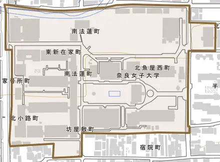 北魚屋西町とその周辺の地図。町の範囲を重ねている