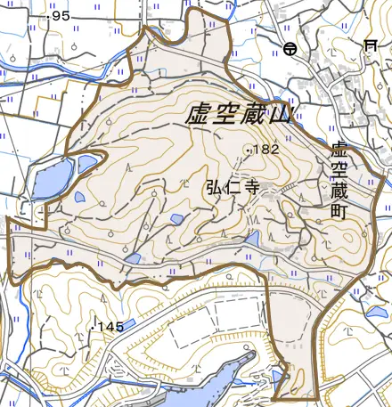 虚空蔵町とその周辺の地図。町の範囲を重ねている