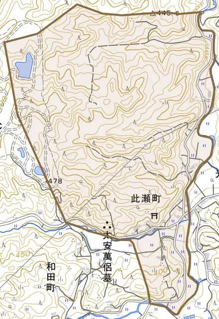 此瀬町とその周辺の地図。町の範囲を重ねている