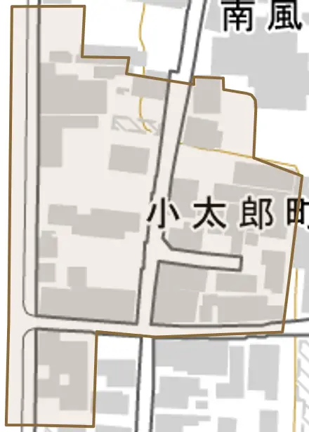 小太郎町とその周辺の地図。町の範囲を重ねている