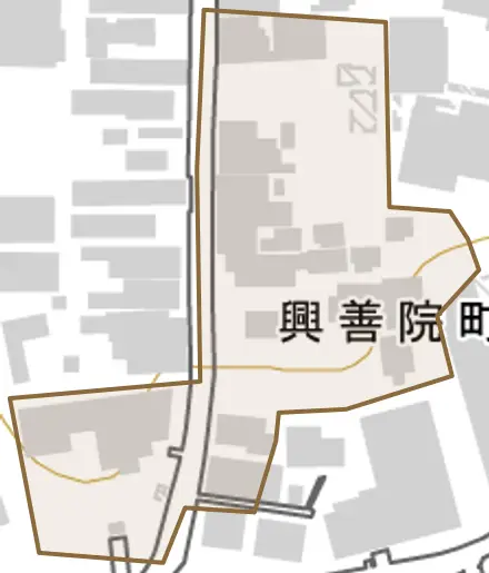 興善院町とその周辺の地図。町の範囲を重ねている