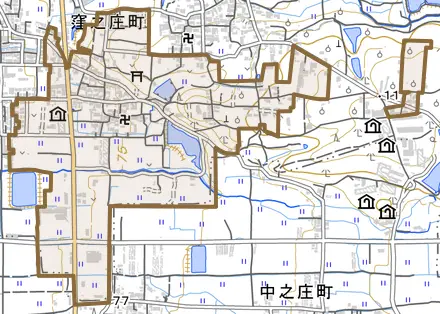 窪之庄町とその周辺の地図。町の範囲を重ねている