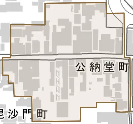 公納堂町とその周辺の地図。町の範囲を重ねている