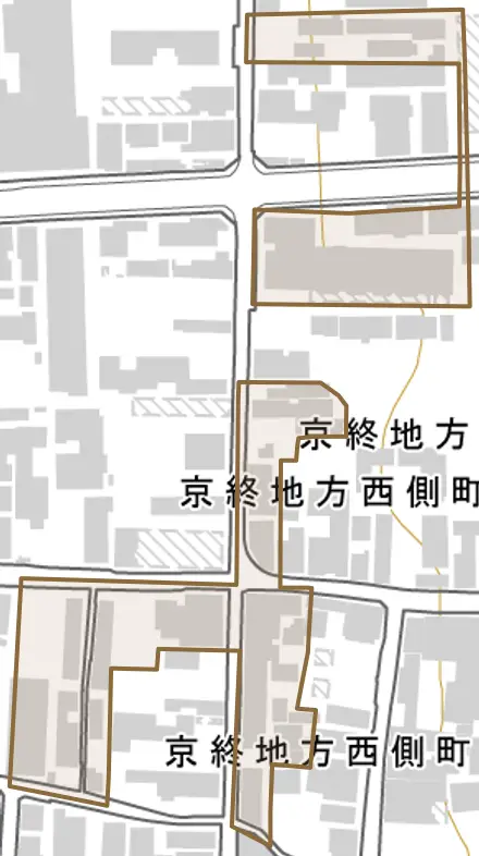 京終地方東側町とその周辺の地図。町の範囲を重ねている