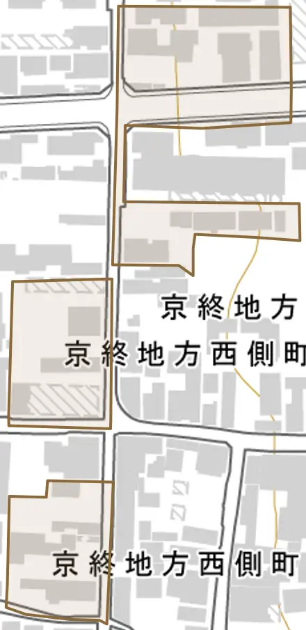京終地方西側町とその周辺の地図。町の範囲を重ねている