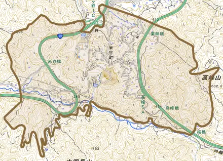 米谷町とその周辺の地図。町の範囲を重ねている
