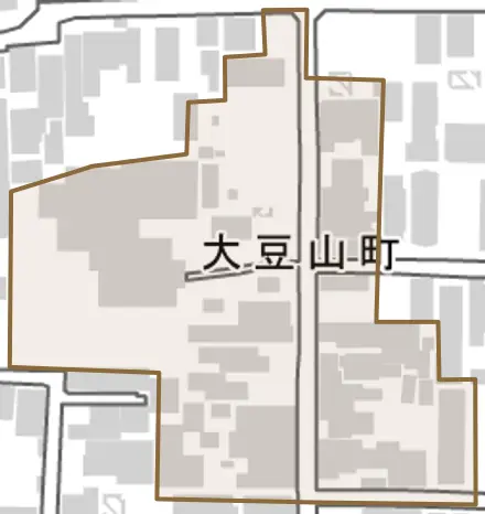大豆山町とその周辺の地図。町の範囲を重ねている