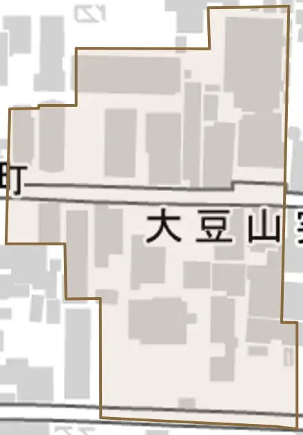 大豆山突抜町とその周辺の地図。町の範囲を重ねている