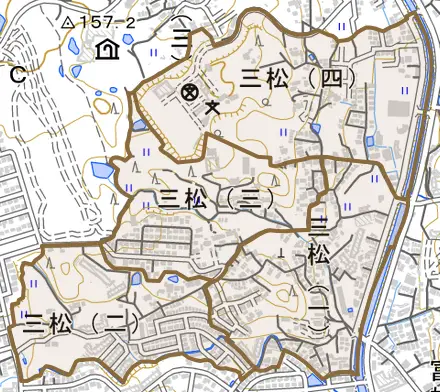 三松とその周辺の地図。町の範囲を重ねている