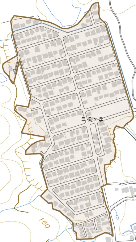 三松ヶ丘とその周辺の地図。町の範囲を重ねている