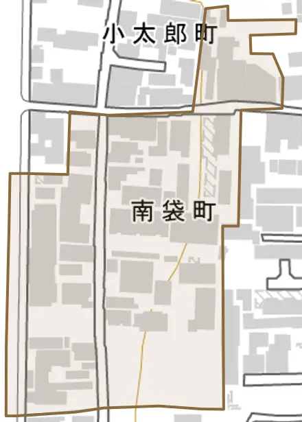 南袋町とその周辺の地図。町の範囲を重ねている