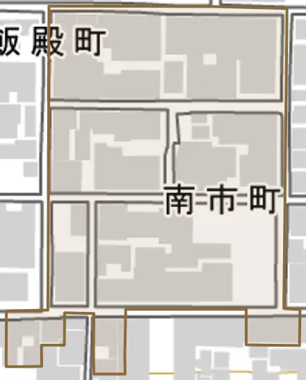 南市町とその周辺の地図。町の範囲を重ねている