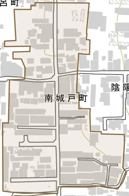 南城戸町とその周辺の地図。町の範囲を重ねている